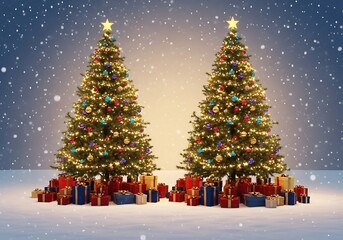 Obraz premium Two decorated christmas trees with presents in the snow