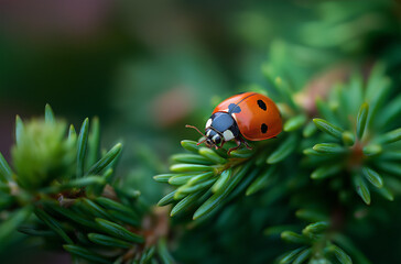 Fototapeta premium A close-up of a ladybug on a green tree, macro photography, macro lens,