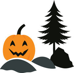Halloween pumpkin and pine tree silhouette isolated on white background