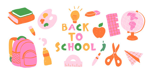 Fototapeta premium Naive hand-drawn school drawings. Doodles drawn in colored pencils