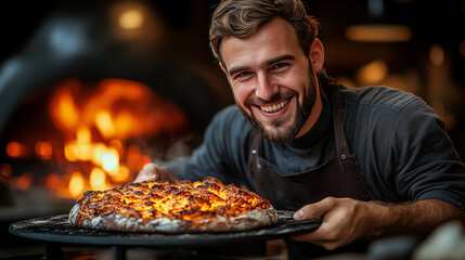 Smiling male chef presenting freshly baked pizza from a wood-fired oven, showcasing culinary skills and passion for cooking in a vibrant kitchen environment