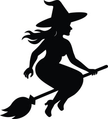 Silhouette of a witch flying on a broomstick isolated on white background silhouette