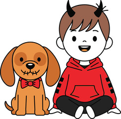 Fototapeta premium Cartoon illustration of devil boy with dog and red hoodie vector