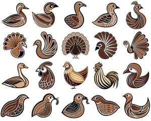 Colorful set of decorative bird icons in various styles and poses  