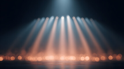 Intentionally blurred image of a futuristic startup pitch presentation stage with large UI projections and digital graphs, dramatic lighting.