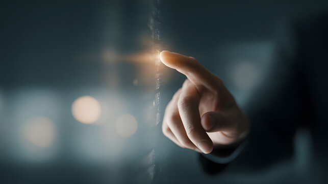 Intentionally blurred image of a holographic user interface projected in air during a business product pitch in dark conference room. - Powered by Adobe