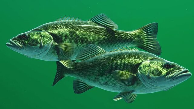 Two largemouth bass swimming in green water with visible scales and fins in a close up shot view green screen animal video
