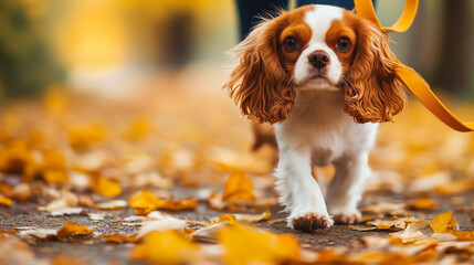 Cavalier King Charles Spaniel dog walking on a path covered with autumn leaves, showcasing vibrant colors and a joyful atmosphere in a natural outdoor setting
