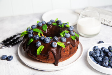 Delicious Chocolate Bundt Cake with Fresh Blueberries and Mint