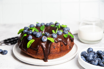 Delicious Chocolate Bundt Cake with Fresh Blueberries and Mint