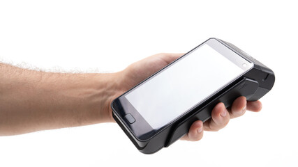 Hand holding a mobile payment device in action