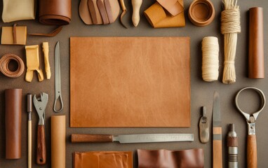 flat lay of leather crafting tools and materials on gray background with central tan leather piece, showcasing artisanal craftsmanship and DIY concept