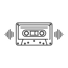 Fototapeta premium Retro Tape in Melody a vintage audio cassette, outlined in a minimalistic design, radiates sound waves. It's a simple yet evocative image, perfectly capturing the essence of music and nostalgia.
