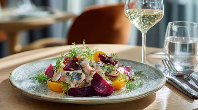 Plate of salad with beets fish and herbs next to a glass of white wine and water on a wooden table
