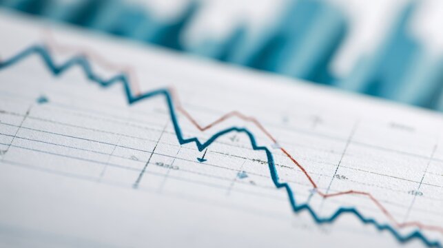 Close-up of financial chart with downward trending line symbolizing Federal Reserve rate cuts, economic recession concept, stock market volatility and investment risk analysis.	