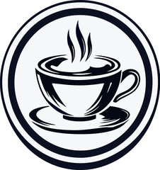 Stylized emblem featuring a steaming coffee cup and a laurel branch emblematic of quality and tradition