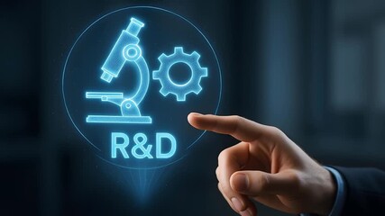 A person's finger pointing towards a Research and Development (R&D) icon with microscope. 