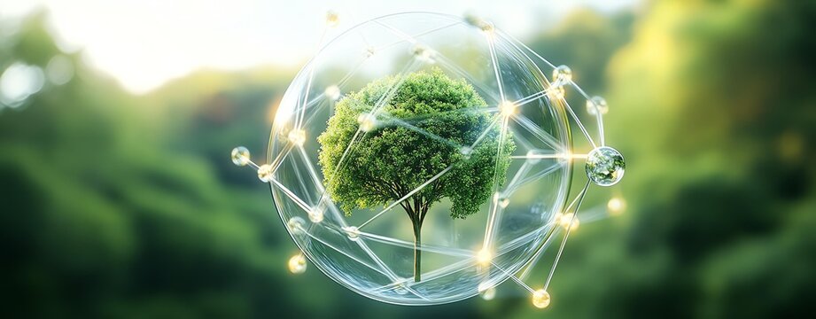 Water molecule with elements of nature inside A digital tree within a network sphere, symbolizing technology and nature's harmony.