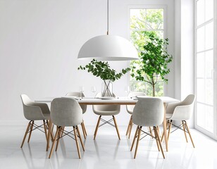 A simple Scandinavian dining room with a wooden table and wishbone chairs. An elegant and minimalist interior concept.
