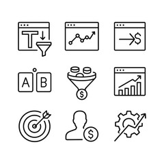 SEO and analytics optimization icons. Outline symbols. Line design