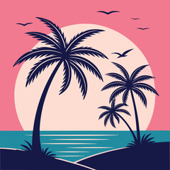Obraz premium Silhouetted palm trees stand against a vibrant sunset over a calm ocean landscape