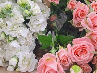Fresh white peonies and elegant pink roses with green leaves at South Korea's flower market
