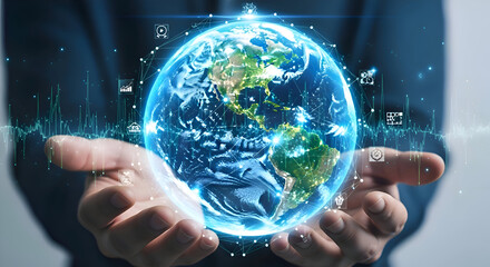 Earth Globe in Human Hands with Network Overlay