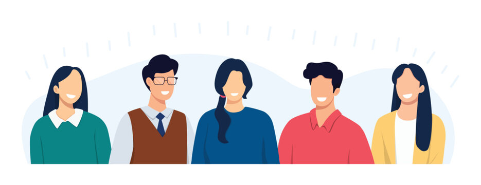 Happy positive people. Diverse group of people standing together. Teamwork, cooperation, friendship concept. Vector illustration.