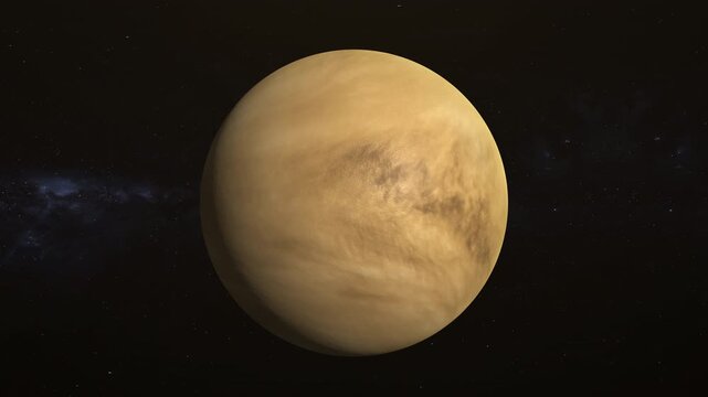 Looped 3D animation of planet Venus rotating in space with distant stars in background