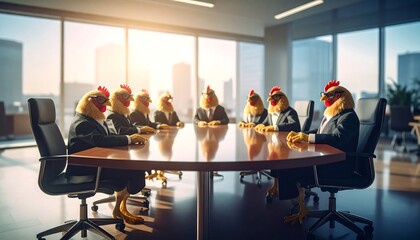Chicken Executives in Suits at Boardroom Meeting with Cityscape View