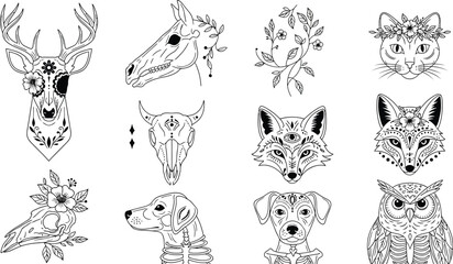 Obraz premium Collection of animal skull line art designs for tattoo and print