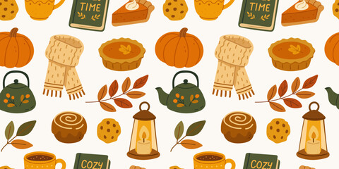 Autumn seamless pattern with cozy fall elements: pumpkins, teapots, scarves, pie, cookies, candles, cinnamon roll, book, mug, foliage. Cute vintage vector background for seasonal decor or fabric