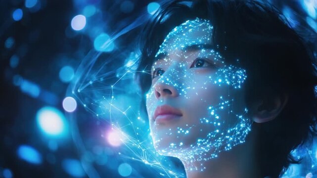 The young man gazes upward as glowing blue lines on face