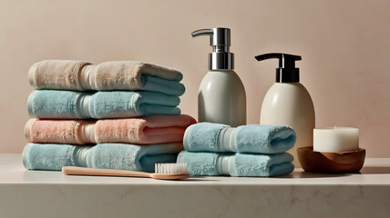 Elegant bathroom setup with fresh cotton towels in pastel colors, liquid soap dispensers, and natural soap. Concept of home spa, hygiene, and relaxation.