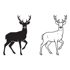 Elegant-Antlered Deer Silhouette & Deer Lineart – Deer Vector Template Focused on Antler Flow – Deer Illustration – Silhouette and Lineart Set of Deer


