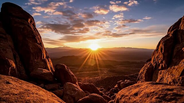 Desert sunset framed by rocks distant mountains  clouded sky