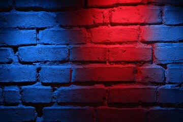 Fototapeta premium Neon lit brick wall in red blue. Great for modern design or urban art. Textured bricks add unique charm.