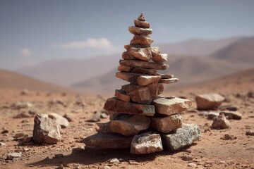 Balanced rocks in mountain view. Great for travel art or natural decor. Distant peaks add majestic feel.