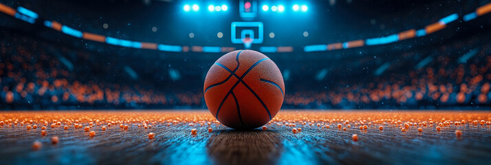Evocative wide shot of a basketball centered on a polished court, illuminated by neon blue lights and a warm, blurred audience, creating an immersive sports atmosphere.