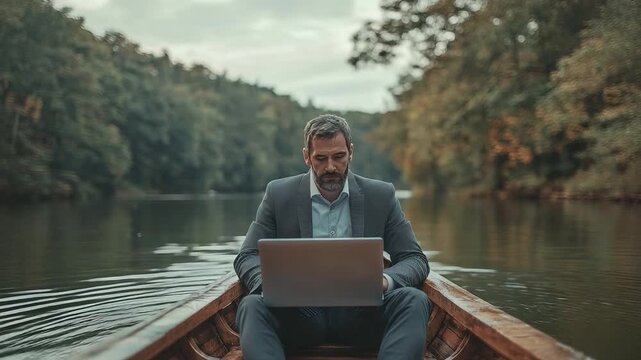 Business On The Lake: A man in a business suit navigates the tranquil waters of a lake in a rowboat, focused on his laptop, a harmonious blend of work and nature.
