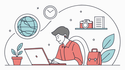 Remote work setup illustration of man working on laptop with globe camera and plant background for online meeting