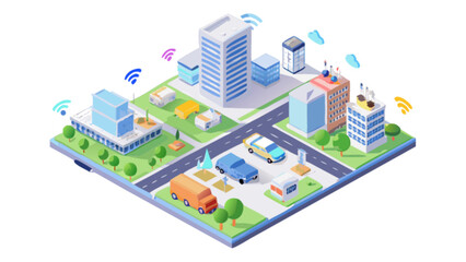 Isometric smart city illustration for urban planning and modern technology with wireless connectivity design