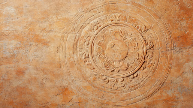 Aged terracotta wall with an intricate circular floral relief carving, showcasing weathered texture and ancient craftsmanship for design backgrounds
