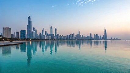 Naklejka premium Modern city skyline reflected in calm water at sunrise