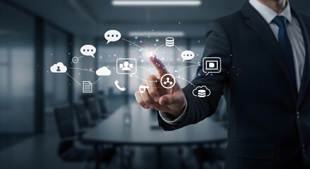 A businessman in a suit interacting with a digital interface, touching icons.