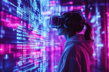Cyberpunk hacker in a neon-lit room, surrounded by holographic codes, futuristic VR headset, ultra-HD, moody lighting