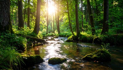 Obraz premium Sunlight filters through canopy, illuminating serene creek in lush forest scenery