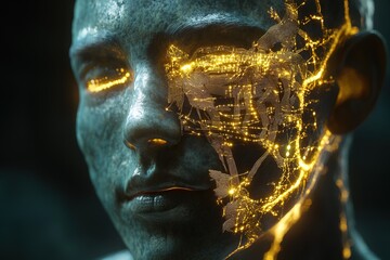 Hyper-realistic humanoid AI, glowing circuits beneath translucent skin, neural data streams flowing, cinematic lighting