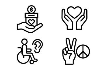 Charity donation, volunteering, help and support icon set. Hand giving money box, hands holding heart, wheelchair accessibility, deaf assistance, peace sign, human care concept. Linear outline vector