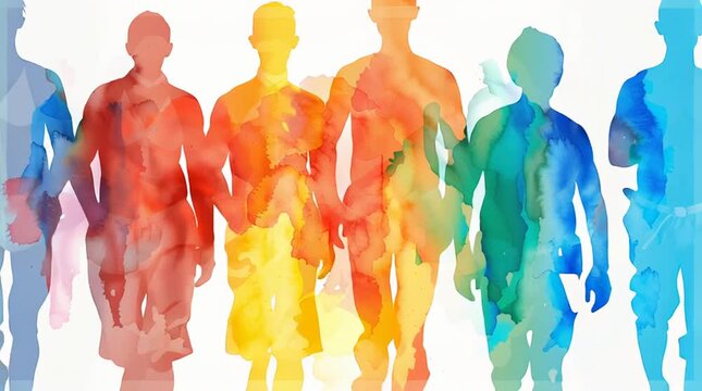 Colorful watercolor illustration of diverse silhouettes of people walking together, showcasing unity and diversity in a vibrant and artistic manner, with a blend of warm and cool tones